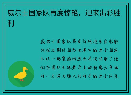 威尔士国家队再度惊艳，迎来出彩胜利