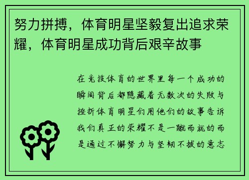 努力拼搏，体育明星坚毅复出追求荣耀，体育明星成功背后艰辛故事