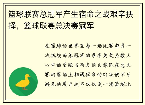 篮球联赛总冠军产生宿命之战艰辛抉择，篮球联赛总决赛冠军
